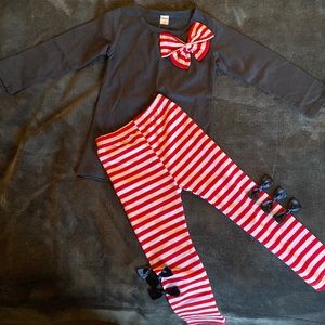 Matching set: Long sleeve shirt w/ bow; Red and White leggings w/ blue bows